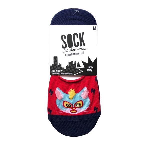 Sock It To Me Red Limited Uniquely Mismatched Cat Luchador Wrestler No Show Sock - Picture 1 of 6